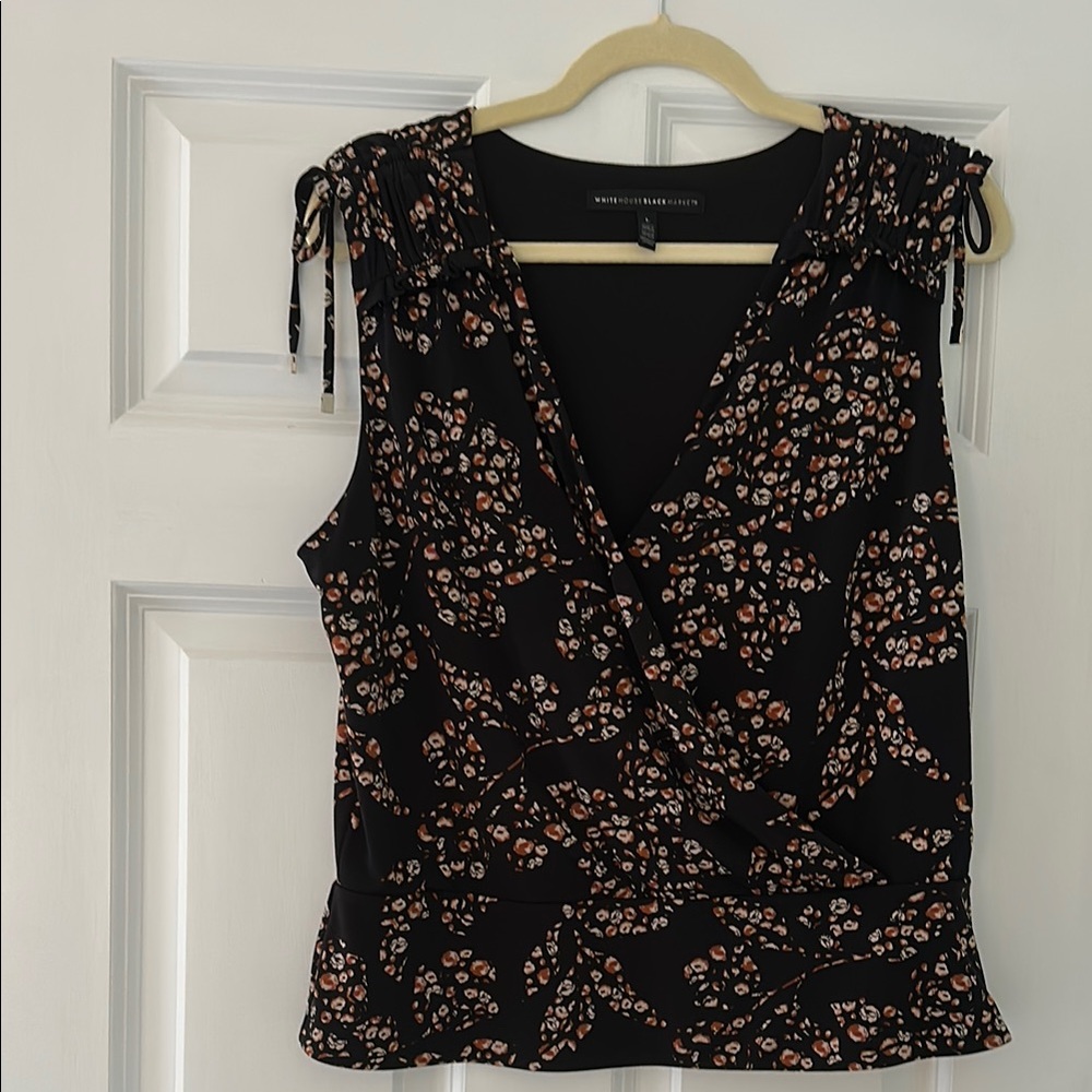 White House Black Market Black Floral Sleeveless Wrap Blouse
